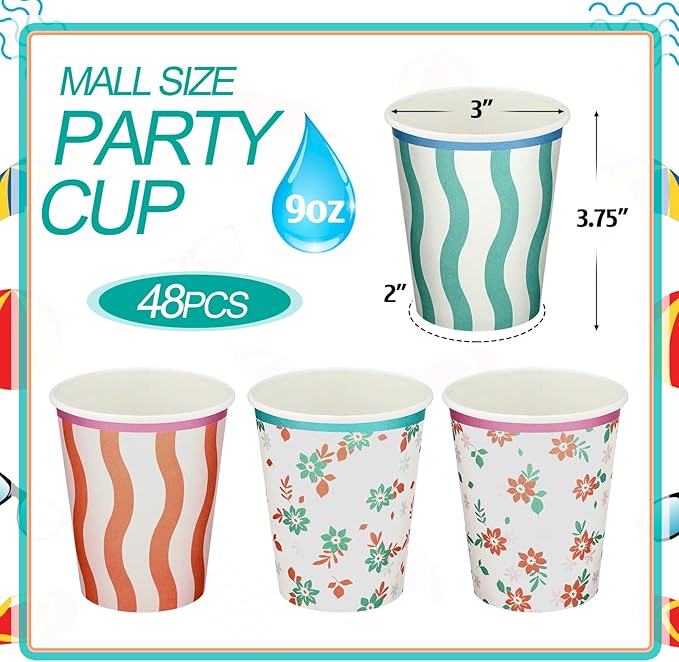 Yungyan 48 Pcs Italian Summer Paper Cups Italian Summer Bachelorette Party Supplies 9 oz Stripe Wavy Floral Cups Last Toast Coast Decorations for Beverage Birthday Bridal Shower Party Favors