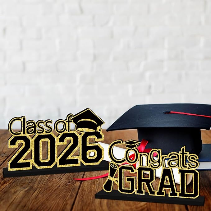 4Pcs Black and Gold Graduation Decorations Class of 2026 Congrats Grad Wooden Table Centerpieces Grad Table Toppers Congratulate Tiered Tray Decor for 2026 Graduation Decorations