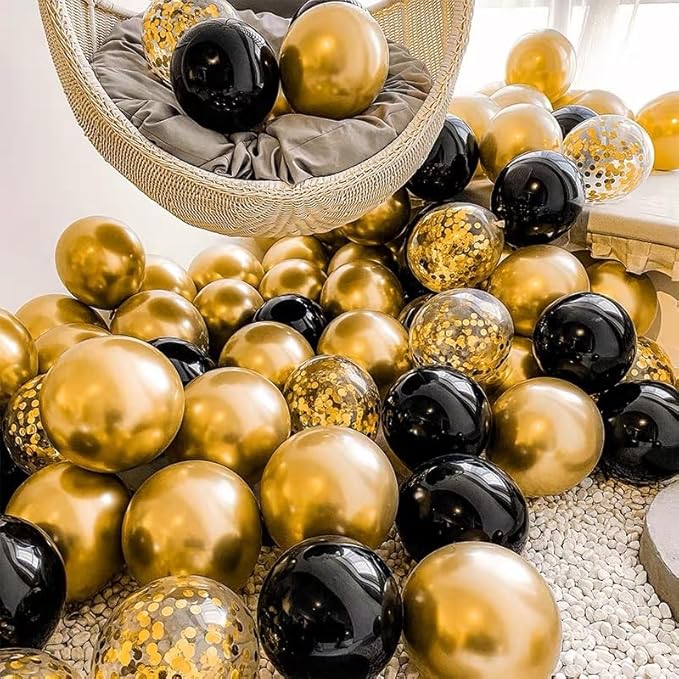 Bezente Black Gold Confetti Latex Balloons - 60 Pack 12 inch Helium Black Gold Confetti Balloons for Wedding Graduation Bridal Shower Birthday Party Decorations