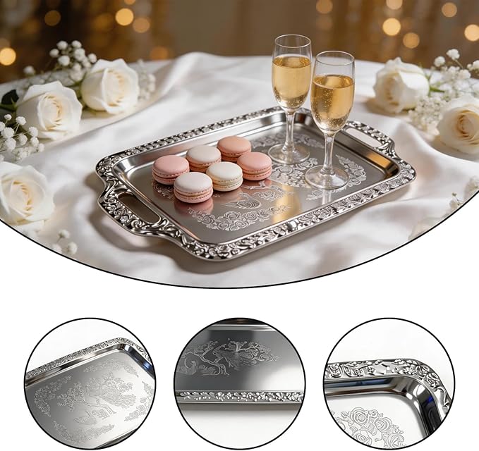 Silver Serving Tray, Metal Serving Tray - 2 Pack Rectangular Decorative Serving Trays with Handles, Ideal for Serving Food and Desserts, Perfect for Home, Parties and Weddings.