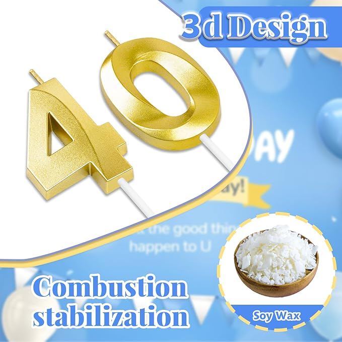 40th Birthday Candles for Cake,Birthday Decorations for Him Her,Number Candles for Cake Toppers Party Anniversary
