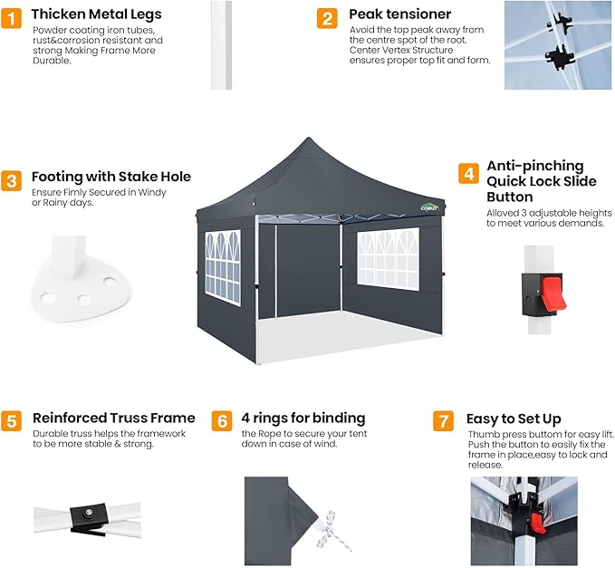 COBIZI 10x10 Pop Up Canopy with 4 Sidewalls, Canopy Tent 10x10 for Parties, Backyard, Commercial, Waterproof and Portable Instant Shelter UV50+ Outdoor Gazebo with 4 Sandbags(Light Gray)