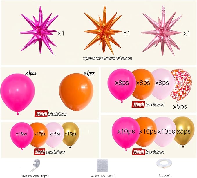 Pink and Orange Balloon Arch Kit with Hot Pink Orange Metallic Gold Latex Balloons Garland kit 18 12 10 5Inch Different Size Balloons for Birthday Baby Shower Wedding Summer Party Decorations