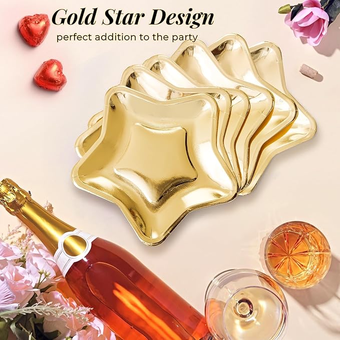 Tlence 100PCS Star Shape Paper Plates, 9.5 Inches Disposable Pentagram Dinnerware, Gold Twinkle Star Paper Tableware Set for Dessert, Birthday Graduation Wedding Halloween Christmas Supplies