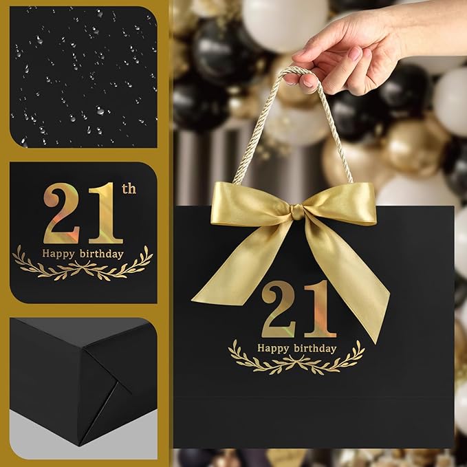 JMANNI Black Gold 21st Birthday Gift Bag with Card and Tissue Paper, 12.6"×9.84"×3.9" Elegant Present Bag for Adults, 21 Year Old Birthday Keepsake Party Supplies