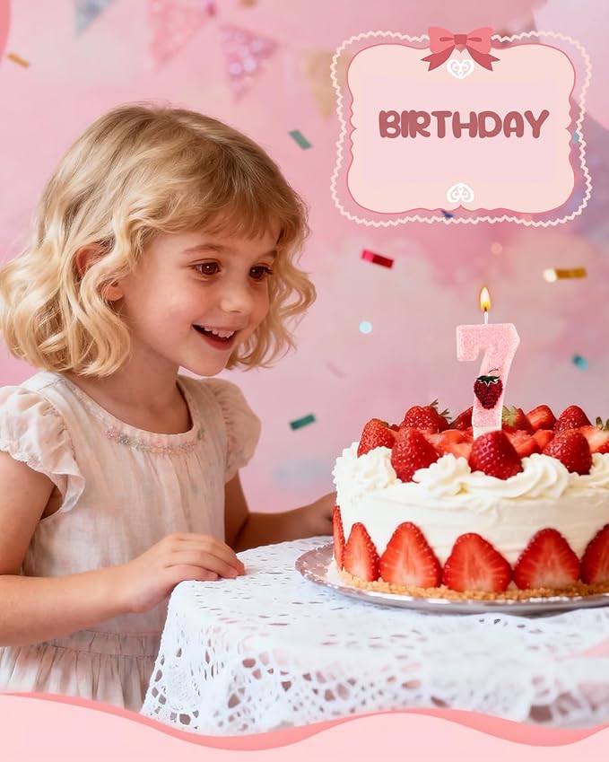 Birthday Candles for Cake, Pink Number Candles, Cake Candles with Greeting Card for Birthday Party Wedding Anniversary Celebrations (Strawberry 7 Candle)