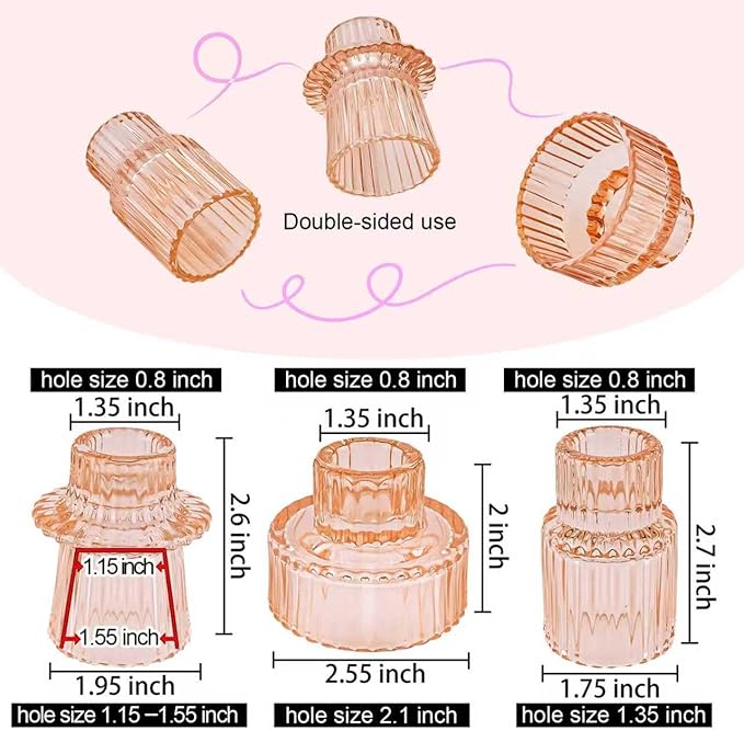 Double Sided Vintage Ribbed Taper Glass Candle Holders,Tea Candle Holder for Table Centerpieces, Wedding Decorations and Dinner Parties (Orange Pink, 3 PCS)