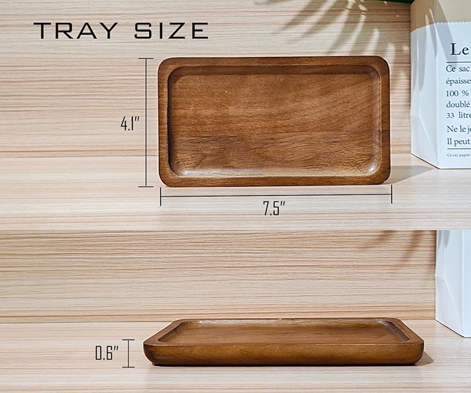 Small Wooden Tray (7.5 x 4.1 inch) 3 Pack, Rectangular Mini Serving Tray for Coffee Tables, Dessert, Snack, Fruit, Acacia Wood Platter for Vegetable, Decor Restaurant
