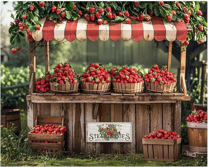 Kate 10x8ft Red Strawberry Backdrops for Photography Summer Fruit Shop Background Pick Your Own Strawberry Backgrounds Baby Birthday Party Banner Studio Backdrop