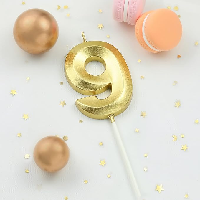 2.76 Inch Diamond Gold 9 Number Birthday Candles, Gold Number Candles, Cake Number Candles, Party Celebration