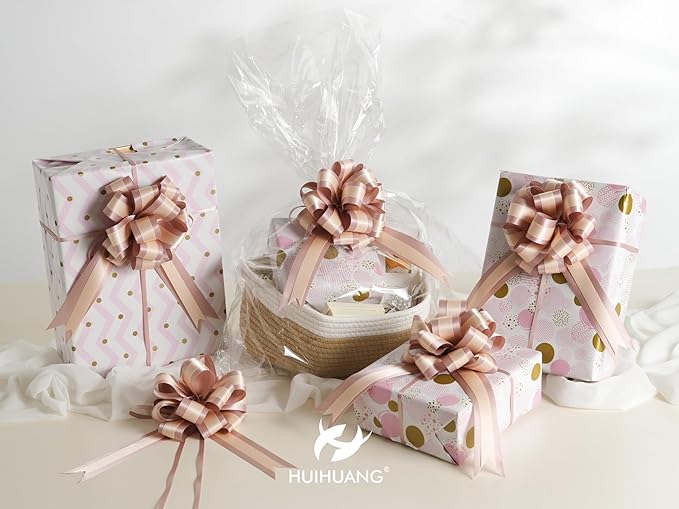 HUIHUANG Dusty Rose Pull Bows 6" x 10" Dusty Rose and Peach Double Layer Satin Gift Bows 12 PCS Pull Bow for Gift Wrapping, Gift Basket, Wine Bottles, Birthday, Wedding, Party Decor