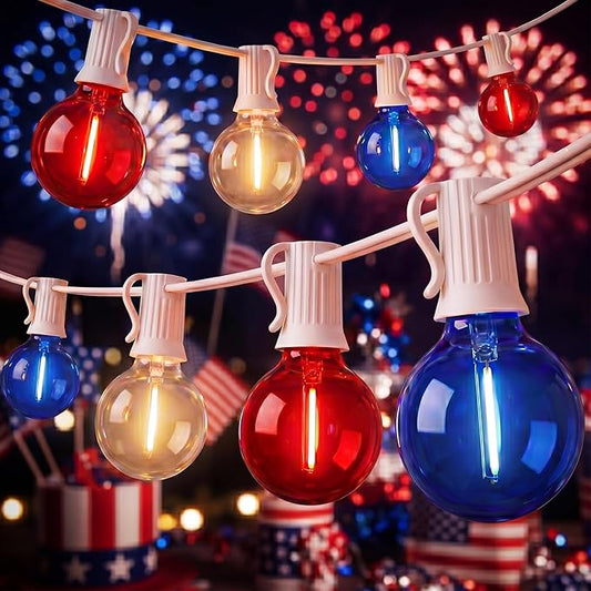 4th of July G40 LED Red White and Blue Lights, 25ft Outdoor String lights, Hanging Patio Lights with 27 Shatterproof Round Bulbs, Independence Day Decoration Warm White for Patriotic Party Garden