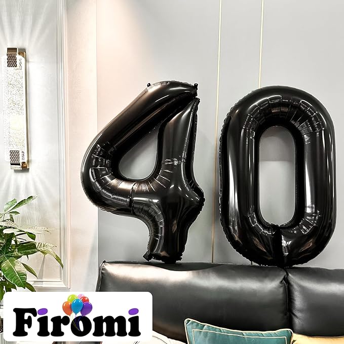 FIROMI 40 Number Balloons Black Big Giant Jumbo Mylar Foil 40 Balloon Numbers for 40th Birthday Party Anniversary Decorations 40-inches