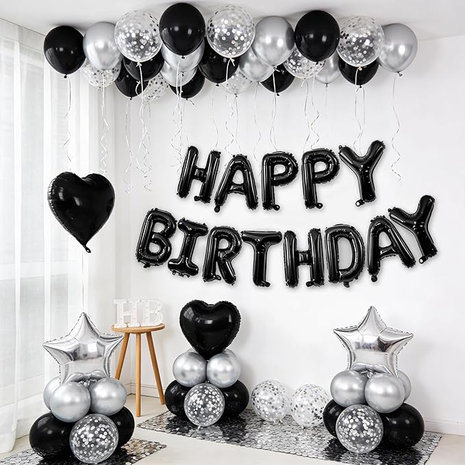 Black and Silver Birthday Decorations,Black and Silver Balloons Happy Birthdays Banner Balloon Heart and Star Foil Balloons for Men Boy Birthday Baby Shower Party Decorations