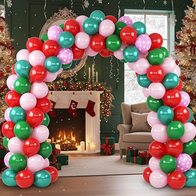 Red Pink Green Balloons with Pink Polka Dots Print Balloon, Pearl Turquoise Blue Dark Green Xmas Party Balloon for Birthday Carnival New Year Holiday Christmas Party Decorations