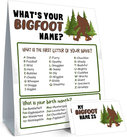Bigfoot Birthday Party Decorations-Birthday Party Games,Bigfoot Theme Birthday Party Sign for Boys Girls,Kids Bigfoot Activity Cards,Bigfoot Activity Decoration Supplies,What's your Bigfoot Name