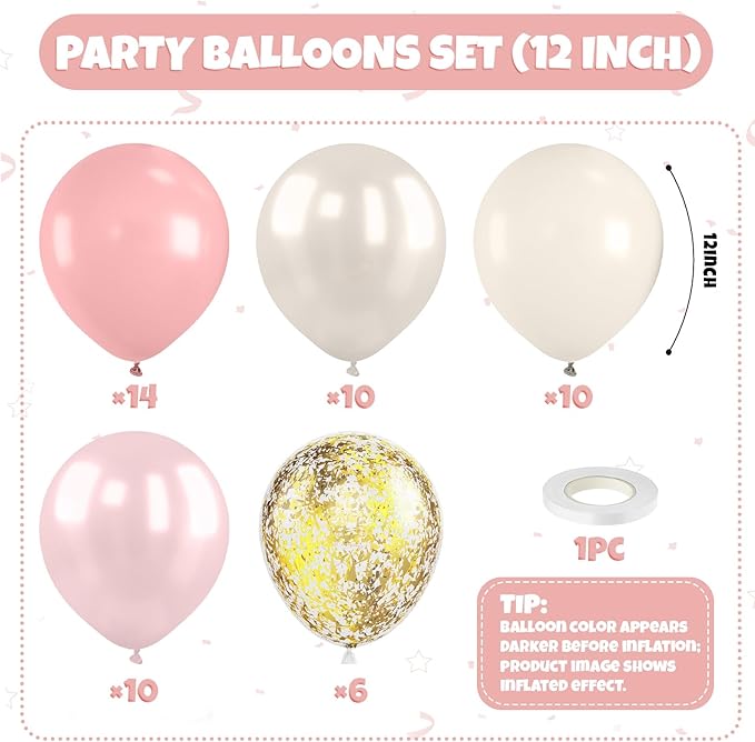 Pink and Gold Balloons, 50Pcs 12 Inch Retro Blush Pink Cream White Double Stuffed-pink Metallic Gold Confetti Boho Ballon for Birthday Bridal Shower Wedding Party Decorations
