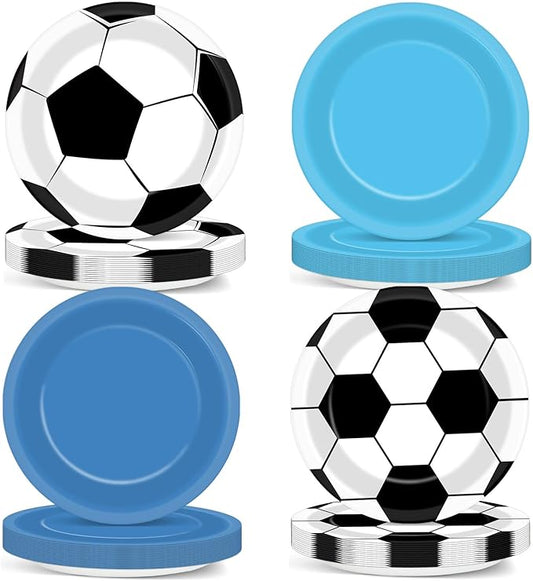 48pcs Soccer Paper Plates Soccer Star Disposable Dessert Plates 7Inch Blue and White Ball Party Plate Blue Sports Ball Disposable Dessert Dinner Cake Tableware for Boy Fans Game Baby Shower Decoration