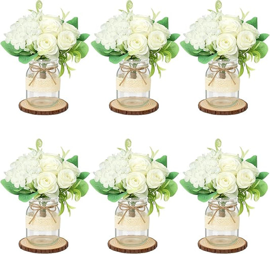 Set 6 Mason Jar Table Centerpiece - Wedding Centerpieces for Tables, Mason Jar Flower Centerpiece Vases Decor- Boho Farmhouse Rustic for Engagement, Bridal Shower, Wedding, Versatile Decor (White)