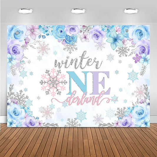 Mocsicka Winter Onederland Backdrop Winter Wonderland Girl Snowflake First Birthday Party Decoration Blue Purple Silver Banner 1st Birthday Banner Photo Booth Props (Purple, 10x8ft(120''x96''))