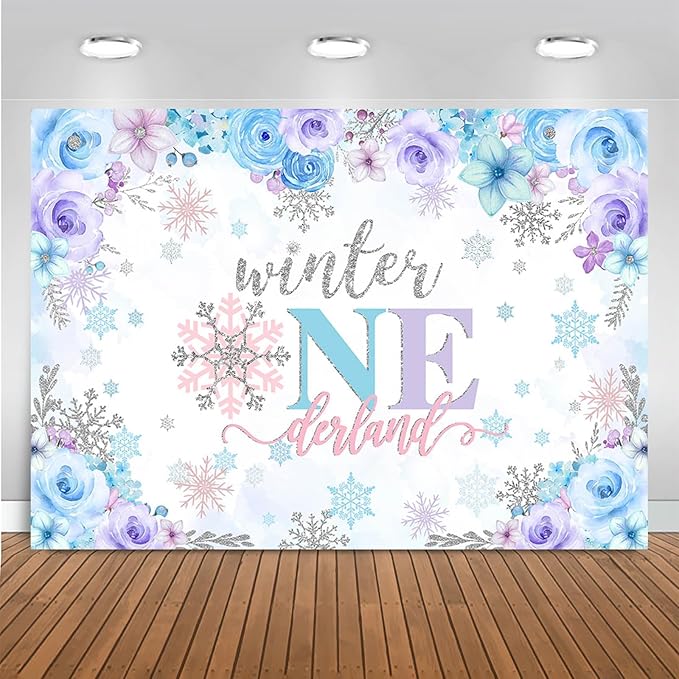 Mocsicka Winter Onederland Backdrop Winter Wonderland Girl Snowflake First Birthday Party Decoration Blue Purple Silver Banner Winter 1st Birthday Banner Photo Booth Props (Purple, 8x6ft(96''x72''))