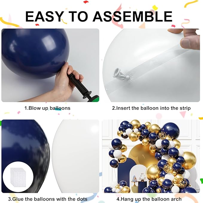 Blue and Gold Balloons Garland Arch Kit, Navy Blue and Gold Confetti Balloons for Class 2026 Graduation, Birthday, Retirement, Anniversary, Baby Shower Party Decorations