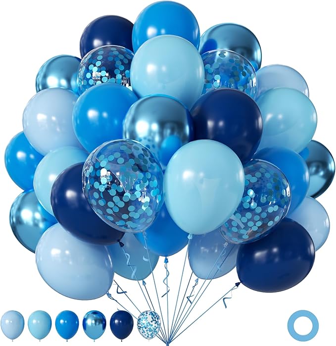 Metallic Blue Balloons, 60Pcs 12Inch Navy Chrome Light Macaron Blue Confetti Balloons for Birthday Baby Shower Wedding Bridal Shower Graduation Decorations
