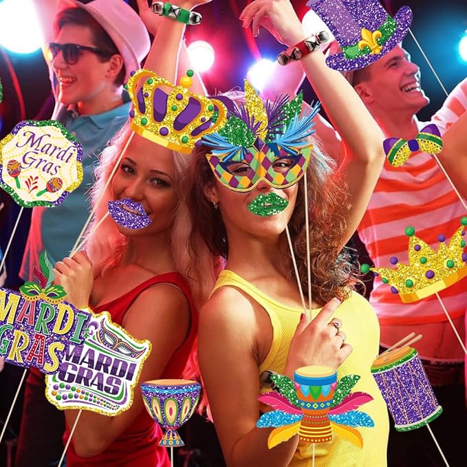 30 Pcs Mardi Gras Photo Booth Props Kit,Carnival Masquerade Fat Tuesday,New Orleands Decorations,Cosplay Photo Shoot Gold Purple Masks Bougie Party Supplies