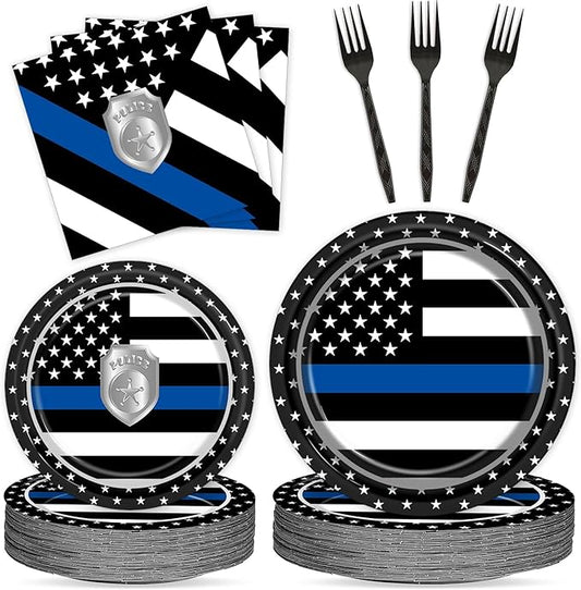 Qyeahkj 100Pcs Police Party Decorations for Congrats Officer Party Supplies Thin Blue Line Flag Plate Napkin Forks Disposable Police Department Badge Birthday Paper Tableware Dinnerware Serve 25