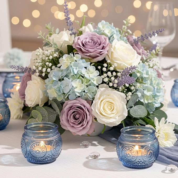 24 Pcs Blue Votive Candle Holders for Bridal Shower Decorations- Floral Style Dusty Blue Candle Holder for Wedding Table Centerpieces, Baby Shower Decor
