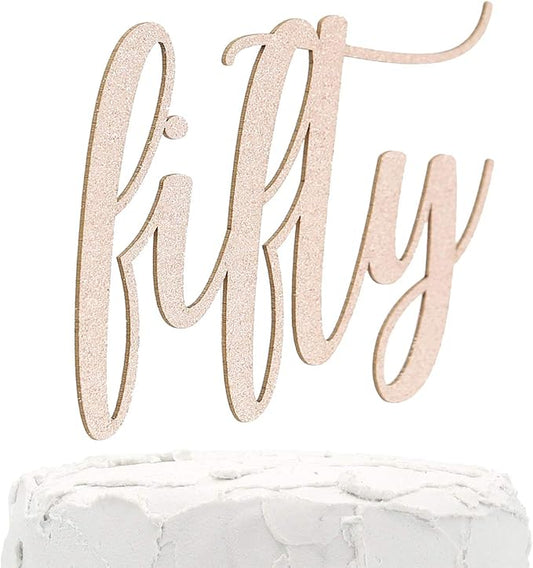 50th Birthday Cake Topper - fifty - Double Sided Rose Gold glitter - Premium quality Made in USA