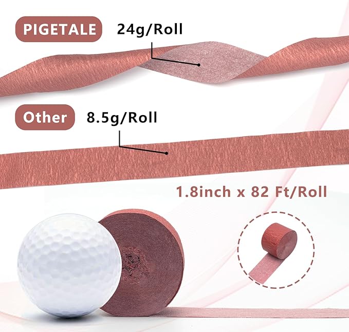 PIGETALE Crepe Paper Streamers 4 Rolls 328ft, Pack of Metallic Rose Gold, Pink, Dusty Pink Party Streamers for Birthday Wedding Bachelorette Baby Bridal Shower Party Decorations (1.8Inch x 82Ft/Roll)