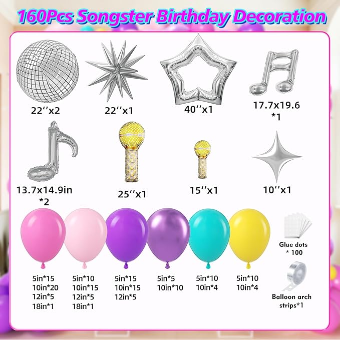Kpop Balloon Garland Arch Kit 160Pcs with Star Microphone Disco Musical Symbols Foil Balloons, Songster Birthday Decoration for Music Fans Popular Singer Birthday Princess Party Decorations