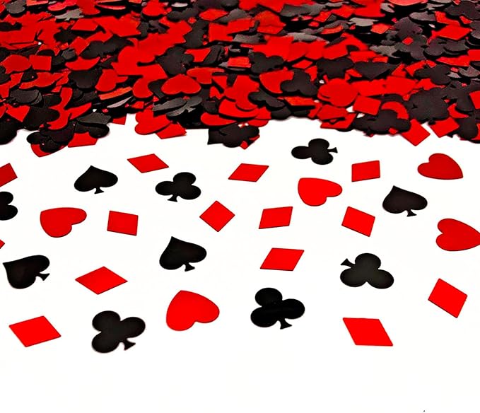 Werich Casino Party Confetti Metallic Foil Poker Card Suit Table Scatter – Red & Black Hearts, Spades, Clubs, Diamonds – Casino Theme Decorations for Poker Night, Las Vegas, Birthday, Wedding.