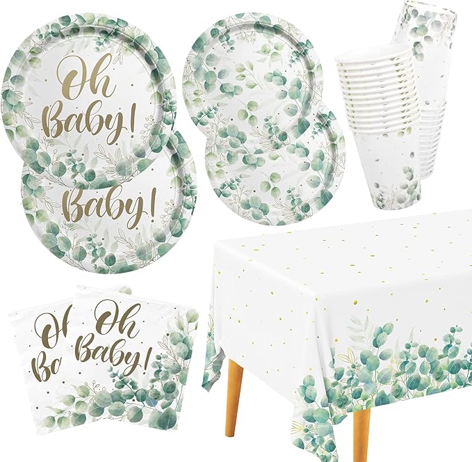 Sage Greenery Baby Shower Party Supplies Disposable Paper Plates Napkins Cups and Tablecloth for Boho Greency Party Decorations, Serve 25.