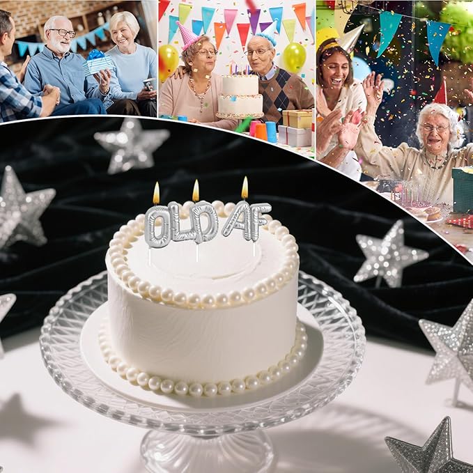Old AF Birthday Candles – 9 Colors Funny Cake Candles w/Stable Base for Milestone Birthdays, Retirement Parties & 50th 60th 70th Celebrations(Silver)