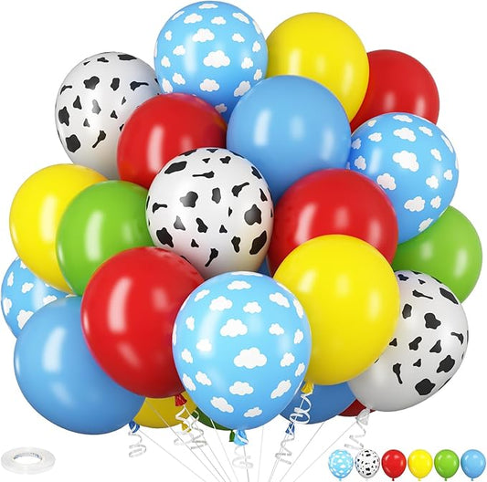 HILAVO Toy Inspired Story Balloons, 12 Inch Cow Print Sky Blue Cloud Balloons Red Blue Yellow Green Balloons for Kids Boys Halloween Birthday Party Farm Themed Party Decorations