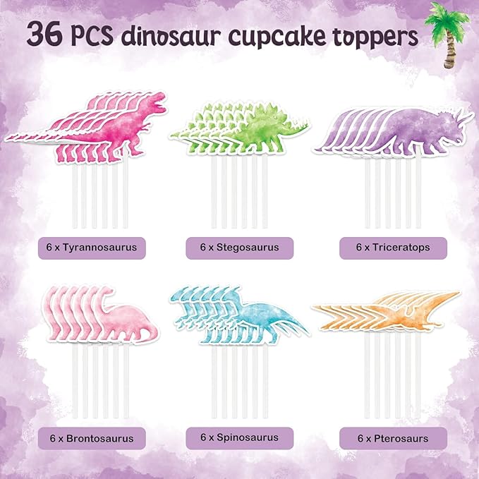 WERNNSAI 36 Pcs Dinosaur Cupcake Toppers - Girl Dinosaur Party Decorations Dino Cake Toppers Picks Dino Cake Decorations for Kids Birthday Baby Shower Party Supplies