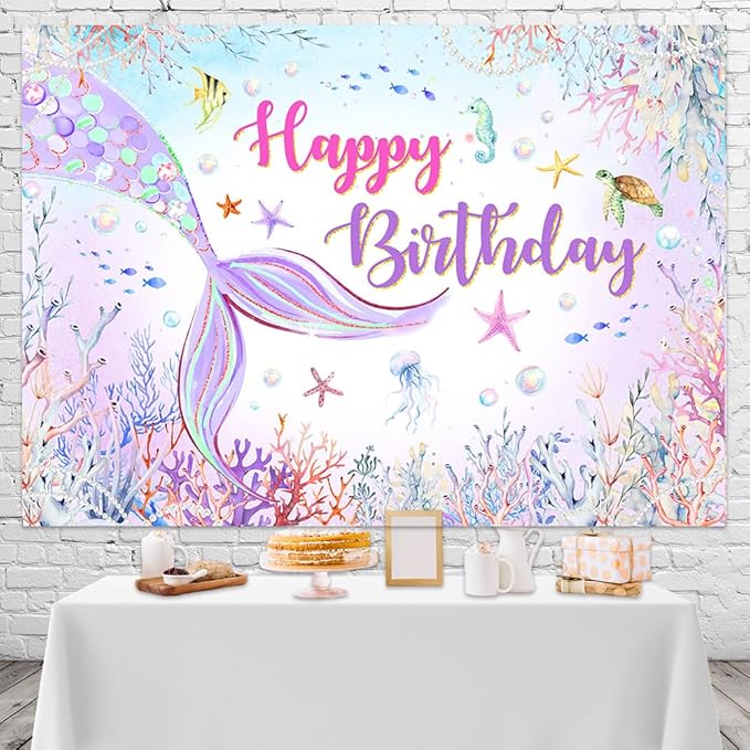 Mocsicka Mermaid Birthday Backdrop Blue and Purple Under The Sea Background for Girls Birthday Party Decor Photo Booth Props (5x3ft)