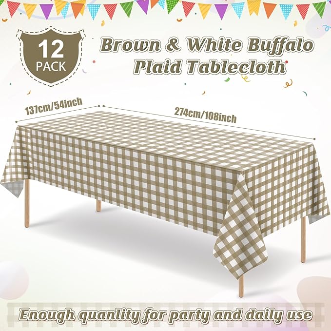 12 Pack Brown and White Plastic Checkered Tablecloth, Premium Decorative Disposable Tan Gingham Plaid Table Cloths for Parties, Rectangle Party Table Cover for Picnic Farm Birthday Fall, 54x108 Inch