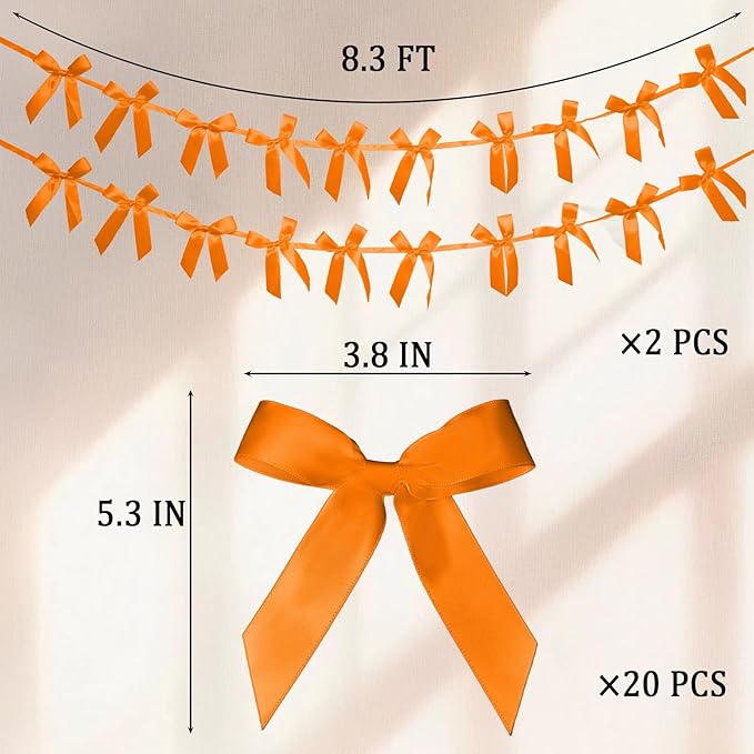 2pcs Orange Bow Garland Banner - 8.3 Feet Coquette Ribbon Bow Party Decorations for Baby Shower Girls, Birthday Party, Bridal Shower Decor (Orange)