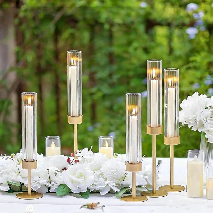 Glass Hurricane Candle Holders Set of 6,Brass Candlestick Holders,Taper Candlestick Holders,Elegant Dining Table Centerpiece for Wedding, Christmas & Home Decor-Ribbed