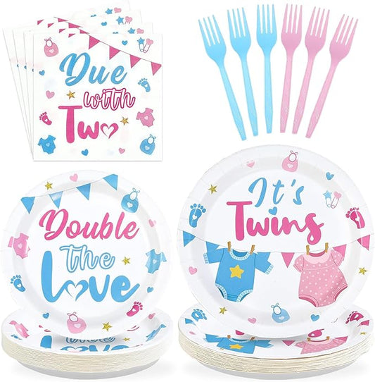96 Pcs Twins Baby Shower Party Decorations Pink and Blue Paper Plates and Napkins Twins Birthday Disposable Tableware Set for Twin Boy and Girl Gender Reveal Baby Shower Party Supplies Serves 24
