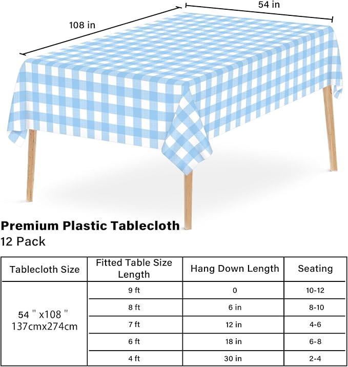 12 Pcs Light Blue Checkered Tablecloth 54 ×108 Inches Rectangle Blue Gingham Tablecloth Disposable Plastic Waterproof Table Cover for Outdoor Picnic, Kitchen, Holiday Birthday Party