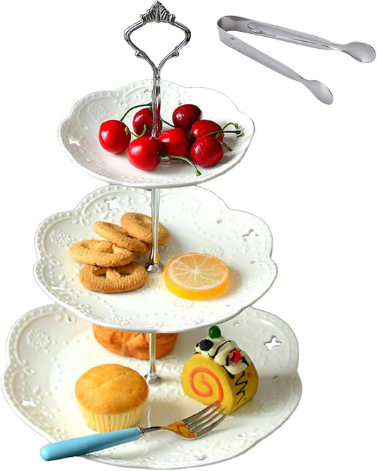 Cupcake Stand- Jusalpha 3-Tier White Porcelain Cake Stand Dessert Stand-Cupcake Stand-Tea Party Serving Platter, Comes in a Gift Box- Free Sugar Tong
