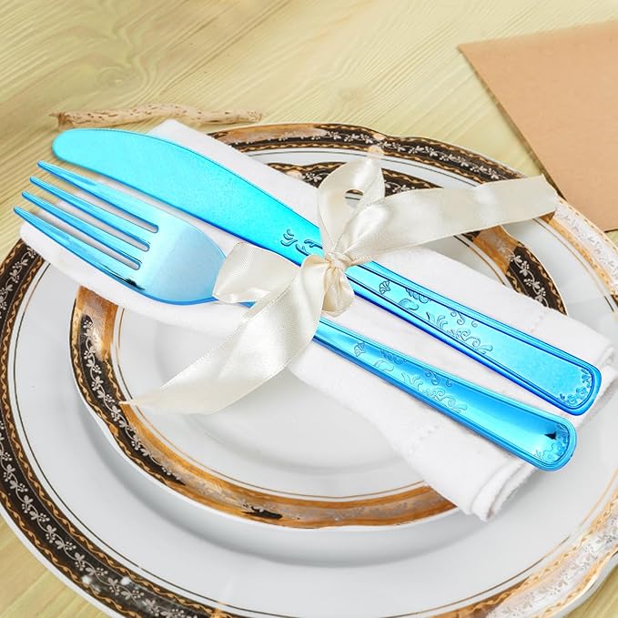180 Pack Disposable Deep Blue Plastic Silverware Contain 60 Forks,60 Spoons,60 Knives, Solid and Durable Plastic Cutlery Utensils Set Perfect for Parties,weddings.