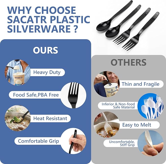 SACATR 1000 Count Black Plastic Cutlery Set (500 Spoons 500 Forks) Heavy Duty Disposable Bulk Silverware for Restaurant Catering Events