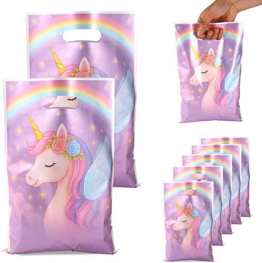 Fukaisu 50pcs Unicorn Party Favor Bags with Handles, Unicorn Rainbow Theme Plastic Goodie Candy Gift Goody Bags for Kids Birthday Party Supplies
