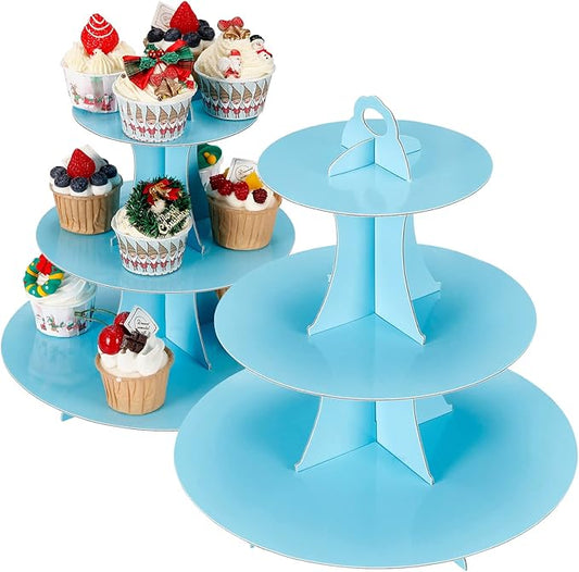 YLDW Cupcake Stand, 3-Tier Cupcake Stand Display, Cardboard Cup Cake Tower Stand, Disposable Dessert Stand for Birthday Tea Party Baby Shower Treat Decorations, Baby Blue