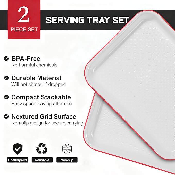 Non-Slip Melamine Serving Trays Set of 2, Rectangular Food Trays with Raised Edges, Stain Resistant White & Red Platters for Restaurant, Party, Home Kitchen, 14.5" x 11" Heavy Duty Trays